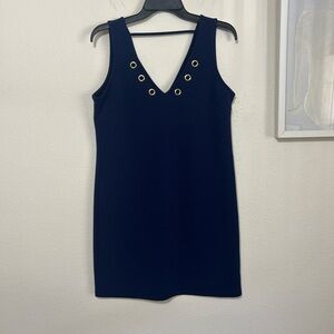 Almost famous navy blue mini dress gold grommet deep v-neck medium y2k club